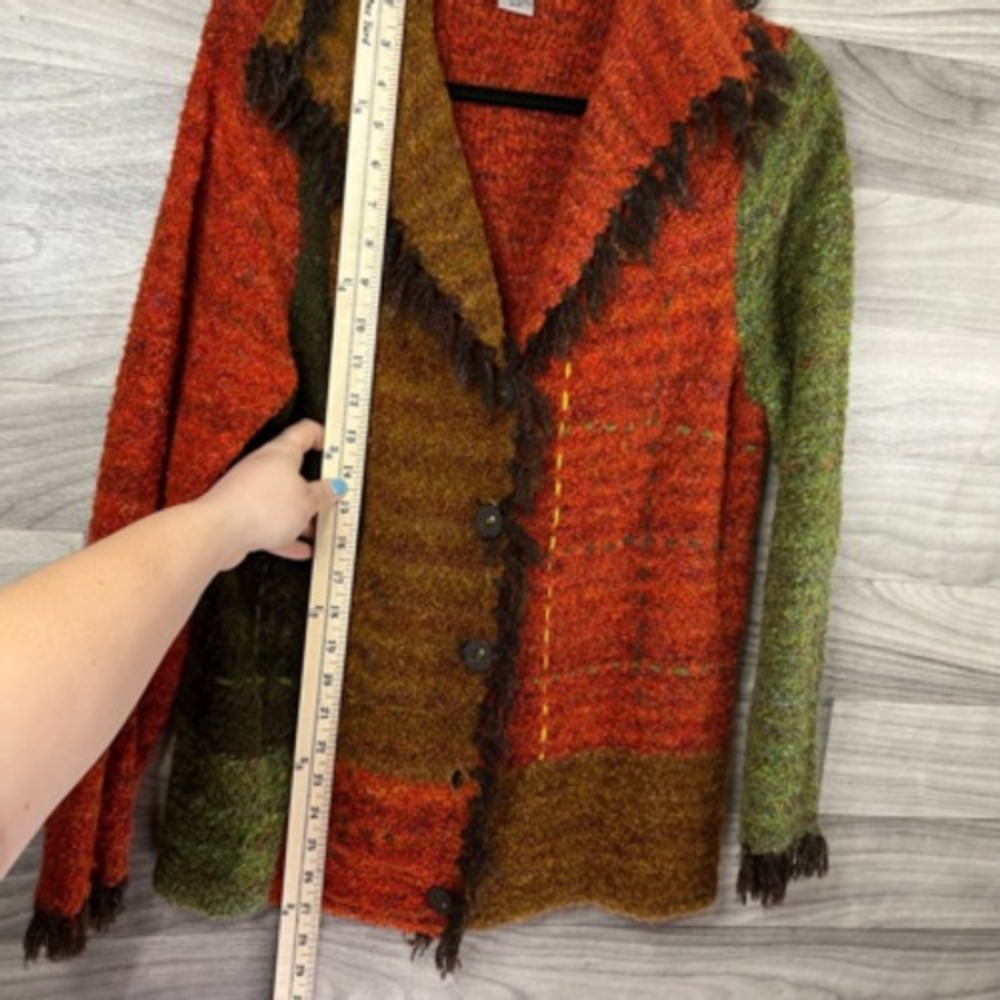 TanJay Womens Cardigan Sweater Multicolor Color Block Fringes Collared Button M‎ - Picture 10 of 12